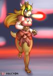  4_fingers alternate_species anthro anthrofied blonde_hair breasts brooch clothed clothing collar detailed_background female fire fire_breathing fully_clothed green_scales hair halcy0n koopa mario_bros nintendo princess_peach scales scalie shirt solo spiked_collar spikes torn_clothing video_games yellow_scales 