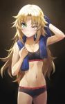  alternate_hairstyle arm_up bangs bare_arms black_bra black_panties blonde_hair blue_towel blush bra brand_name_imitation breasts cleavage clothes_writing collarbone commentary cowboy_shot drying drying_hair english_commentary eyebrows_visible_through_hair fate/apocrypha fate_(series) green_eyes hair_down long_hair mordred_(fate) mordred_(fate)_(all) navel one_eye_closed panties parted_bangs small_breasts solo sports_bra stomach toned tonee towel towel_around_neck underwear v-shaped_eyebrows very_long_hair 