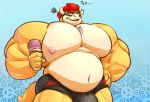  2018 anthro belly biceps bowser bulge bulgefan clothed clothing collar dessert digital_media_(artwork) eyewear food hair ice_cream itzcharlie koopa male mario_bros muscular navel nintendo nipples pecs scalie simple_background solo spiked_collar spikes sunglasses text topless underwear video_games 