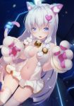  ahoge animal_ears blue_eyes blush braid breasts breasts_apart cat_ears center_opening commentary_request fake_animal_ears gloves hair_between_eyes hair_ornament hairclip heart heart_hair_ornament highres long_hair looking_at_viewer medium_breasts navel original paw_gloves paws shokuyou_mogura solo tail thighhighs twin_braids very_long_hair white_hair white_legwear 