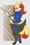  2018 abstract_background anthro avante92 big_breasts black_fur blush braixen breasts clothed clothing eyewear female fur glasses inner_ear_fluff mammal multicolored_fur nintendo orange_fur pok&eacute;mon pok&eacute;mon_(species) pussy red_eyes red_nose thick_thighs video_games white_fur wide_hips yellow_fur 