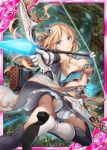  akkijin archery armpits arrow ass blonde_hair blue_eyes boots bow_(weapon) breasts cape card_(medium) cleavage drawing_bow elf flying gloves glowing glowing_weapon hair_ornament holding holding_bow_(weapon) holding_weapon large_breasts left-handed official_art pointy_ears shinkai_no_valkyrie soles thighhighs underwear weapon white_cape white_gloves 