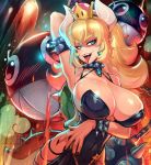  1girl arm_up armpits blonde_hair blue_eyes bowsette breasts cleavage crown genderswap horns large_breasts mario_(series) new_super_mario_bros._u_deluxe nintendo open_mouth reiq sharp_teeth solo teeth tongue tongue_out 