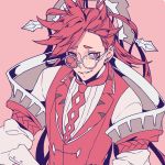  alternate_color dhelmise earrings glasses headpiece jewelry kasuka108 long_hair looking_at_viewer personification pink_background pokemon red_eyes red_hair red_neckwear red_vest shiny_pokemon spiked_hair stud_earrings upper_body very_long_hair vest 