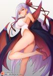  ass bare_shoulders bb_(fate)_(all) bb_(swimsuit_mooncancer)_(fate) breasts chinese_commentary closed_mouth commentary_request demon_wings empty_eyes eyebrows_visible_through_hair fate/grand_order fate_(series) gradient gradient_background hair_ribbon high_heels highleg highleg_swimsuit large_breasts legs long_hair looking_at_viewer one-piece_swimsuit patreon_logo patreon_username purple_hair red_eyes ribbon robe simple_background solo swimsuit very_long_hair waero white_swimsuit wings 