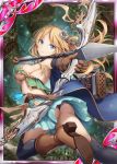  akkijin archery armpits arrow ass blonde_hair blue_cape blue_eyes boots bow_(weapon) breasts brown_gloves cape card_(medium) cleavage drawing_bow elf flying gloves hair_ornament holding holding_bow_(weapon) holding_weapon large_breasts official_art pointy_ears shinkai_no_valkyrie soles thighhighs underwear weapon 