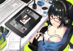  bangs bare_shoulders black_eyes black_hair blue_jacket book breasts candy cat cellphone cleavage coffee coffee_mug collarbone commentary_request cup desk downblouse drawing_tablet eyebrows_visible_through_hair food fou_(ssqseeker) from_side glasses green_background headphones highres holding_stylus jacket keyboard_(computer) long_sleeves looking_at_viewer looking_to_the_side medium_breasts mug off_shoulder on_chair open_book open_clothes open_jacket original parted_lips pencil phone red-framed_eyewear shiny shiny_hair short_hair simple_background smartphone smile solo trash_can wireless_mouse 