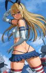  :o ass back bangs bare_shoulders black_panties blonde_hair blue_skirt blush breasts butt_crack cloud cloudy_sky commentary crop_top day dimples_of_venus elbow_gloves eyebrows_visible_through_hair from_behind gloves grey_eyes hair_between_eyes hairband highleg highleg_panties highres kantai_collection lasterk lifebuoy long_hair looking_at_viewer looking_back microskirt miniskirt open_mouth panties pleated_skirt rensouhou-chan sailor_collar salute school_uniform serafuku shimakaze_(kantai_collection) skindentation skirt sky small_breasts solo standing striped striped_legwear thighhighs thong underwear white_gloves 