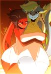  2018 anthro areola breasts calescent_(civibes) campfire_(character) civibes clothed clothing digital_media_(artwork) dragon duo female fire green_eyes green_hair grumpy hair horn lava long_hair looking_at_viewer nipples outside scalie smile towel 