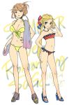  blonde_hair blue_eyes breasts brown_hair chimaki_(impressiveanarchy) claudia_(saga) cleavage commentary_request earrings high_heels jewelry long_hair medium_breasts multiple_girls myriam_(saga) navel open_mouth romancing_saga romancing_saga_minstrel_song saga smile swimsuit 