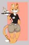  anthro aronhilistix beverage bulge clothed clothing feline fur hair male mammal simple_background smile solo standing waiter wide_hips 