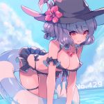  arm_scrunchie bare_shoulders bikini black_bikini black_bow blue_sky bow breasts cleavage cloud day eyebrows_visible_through_hair flower hair_bow hat hat_flower innertube kasuka108 leaning_forward medium_breasts mismagius ocean outdoors personification pink_eyes pokemon purple_hair short_hair sky smile solo standing swimsuit thigh_strap water witch_hat 