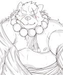  anthro azaki_inuyama blush canine clothing gyobu male mammal monochrome musclegut muscular muscular_male nipples pecs robe scar slightly_chubby solo tanuki tokyo_afterschool_summoners 