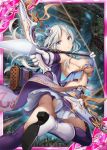  akkijin archery armpits arrow ass boots bow_(weapon) breasts cape card_(medium) cleavage elf flying gloves glowing glowing_weapon hair_ornament large_breasts official_art pointy_ears purple_cape shinkai_no_valkyrie silver_eyes silver_hair soles thighhighs underwear weapon white_gloves 