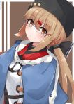  bespectacled black_bow blush bow brown_eyes brown_hair closed_mouth commentary_request eyebrows_visible_through_hair glasses hair_between_eyes hair_ornament hairclip highres jacket kantai_collection long_hair looking_at_viewer low_twintails papakha red_shirt russian_clothes scarf shirt smile star tashkent_(kantai_collection) twintails white_jacket white_scarf yukikasa_(ro-ga-o-y) 