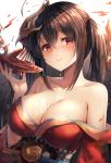  ahoge alcohol azur_lane bangs bare_shoulders black_hair blurry blurry_background blush breasts choker cleavage collarbone commentary cup eyebrows_visible_through_hair feathers hair_between_eyes hair_ornament hair_ribbon highres holding holding_cup huge_breasts japanese_clothes kimono large_breasts light_particles long_hair looking_at_viewer mask mask_on_head motokonut obi off_shoulder parted_lips pouring red_eyes red_kimono red_ribbon ribbon rigging sakazuki sash sidelocks smile solo taihou_(azur_lane) upper_body very_long_hair wide_sleeves 