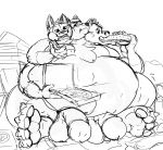  3_heads 4_arms alkali anthro body_control canine cerberus conjoined feeding food force_feeding forced fox futonmania hyper macro male mammal multi_arm multi_head multi_limb multi_penis multifur obese overweight penis pizza sketch slightly_chubby weight_gain 