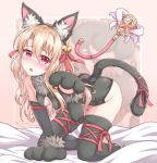  absurdres all_fours animal_ears bell black_gloves black_hairband black_legwear black_leotard blonde_hair blush breasts cat_ears cat_tail cleavage cleavage_cutout covered_nipples elbow_gloves eyebrows_visible_through_hair fake_animal_ears fate/kaleid_liner_prisma_illya fate_(series) full_body gloves hair_between_eyes hair_ribbon hairband head_tilt highres illyasviel_von_einzbern leotard long_hair looking_at_viewer magical_ruby paw_gloves paws pet_play pixiv_fate/grand_order_contest_2 red_eyes red_ribbon ribbon small_breasts solo tail tail_ribbon thigh_ribbon thighhighs zongren 