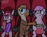  2018 5:4 anthro avian beak beverage clothing digital_media_(artwork) equine feathered_wings feathers female feral food fur gryphon hair horse lagomorph male mammal my_little_pony pokefound pony popcorn rabbit smile wings 