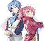  1girl achan_(blue_semi) blue_eyes blue_hair brown_gloves coat collared_shirt crossed_arms eiyuu_densetsu gloves green_eyes juna_crawford kurt_vander long_sleeves looking_at_another looking_at_viewer pink_hair ponytail sen_no_kiseki shirt short_hair side-by-side smile standing twitter_username upper_body vest 