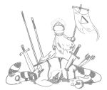  2018 ambiguous_gender ampharos anthro armor arrow black_and_white blade blood blood_on_armor cape chainmail clothing disembowelment duo emblem flag gore guts impalement licentuouslamb melee_weapon monochrome nintendo pok&eacute;mon pok&eacute;mon_(species) polearm rear_view scratch simple_background spear sword tears video_games violence weapon wounded 