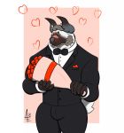 &lt;3 2018 aereous aerrow anthro barazoku beard beast_(disambiguation) blush bouquet bow clothed clothing cute digital_media_(artwork) ear_piercing elegant facial_hair facial_piercing flower formal fur hair hairy hi_res holding_object horn hybrid looking_at_viewer male mammal multicolored_fur muscular muscular_male necktie piercing plant rose shy simple_background smile solo suit white_fur 