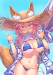  animal_ear_fluff animal_ears beach_umbrella bikini blue_bikini blush breasts cleavage fate/grand_order fate_(series) fox_ears fox_girl fox_tail gradient gradient_background hat highres jiang_shennong large_breasts long_hair looking_at_viewer md5_mismatch nail_polish navel parasol pink_hair side-tie_bikini solo straw_hat swimsuit tail tamamo_(fate)_(all) tamamo_no_mae_(swimsuit_lancer)_(fate) umbrella wardrobe_malfunction yellow_eyes 