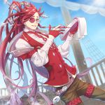  alternate_color anchor_earrings belt blue_sky brown_legwear day dhelmise dutch_angle glasses gloves headpiece kasuka108 long_hair long_sleeves mast nail_polish notebook open_mouth outdoors pen personification pokemon puffy_long_sleeves puffy_sleeves red_gloves red_hair red_nails red_neckwear red_vest rigging shiny_pokemon shirt sky solo steering_wheel vest white_shirt 