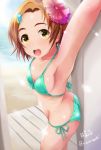  arm_up armpits ass beach bikini blue_bikini blue_swimsuit breasts brown_eyes brown_hair butt_crack commentary_request day derivative_work flower from_side hair_flower hair_ornament hairclip haruhata_mutsuki haruhina0104 idolmaster idolmaster_cinderella_girls open_mouth outdoors ryuuzaki_kaoru short_hair side-tie_bikini small_breasts smile solo swimsuit 