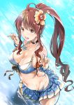  :d absurdres ahoge armlet bikini bikini_skirt blue_bikini bracelet breasts brown_eyes brown_hair choker cleavage collarbone day diantha_(granblue_fantasy) eyebrows_visible_through_hair floating_hair flower from_above granblue_fantasy hair_between_eyes hair_flower hair_ornament hibiscus highres jewelry kimura_neito large_breasts long_hair necklace open_mouth outdoors pleated_skirt ponytail shiny shiny_hair sketch skirt smile solo standing swimsuit very_long_hair wading 