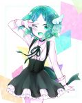  alternate_costume androgynous colored_eyelashes corset crystal_hair eyebrows_visible_through_hair eyes_visible_through_hair green_eyes green_hair hair_ornament happy highres houseki_no_kuni looking_at_viewer neck_ribbon nekotamago one_eye_closed open_mouth phosphophyllite ribbon short_hair skirt smile solo v_over_eye 