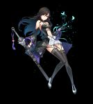  absurdres bai_winchester black_background black_gloves black_hair black_legwear breasts bug butterfly cleavage closers detached_sleeves eyebrows_visible_through_hair floating_hair full_body gloves hair_between_eyes highres holding holding_sword holding_weapon insect jian_(weapon) long_hair looking_at_viewer midriff navel official_art pink_eyes sheath sheathed simple_background small_breasts solo stomach sword thighhighs weapon 