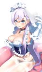  areola_slip areolae arm_up armpits azur_lane belfast_(azur_lane) black_panties blue_eyes blush breasts cleavage closed_mouth collar commentary_request crotch_seam eyebrows_visible_through_hair gloves highres lavender_hair long_hair maid_headdress medium_breasts no_pants omikujiii panties panties_under_pantyhose pantyhose self_shot sitting smile solo thighband_pantyhose top_pull underwear very_long_hair white_gloves white_legwear 