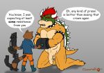  2018 balls big_penis bowser clothed clothing collar cowardlion dialogue digital_media_(artwork) duo flaccid flat_colors guardians_of_the_galaxy handcuffs kneeling koopa male male/male mammal mario_bros marvel nintendo penis procyonid raccoon ranged_weapon rocket_raccoon scalie shackles spiked_collar spikes video_games weapon 