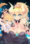  2018 alternate_species blonde_hair blue_eyes bowser bowser_jr. bowsette_meme breasts cleavage clothed clothing collar colored_nails digital_media_(artwork) dress duo ear_piercing female hair hi_res horn humanoid humanoidized larkdraws long_hair looking_at_viewer mario_bros nintendo open_mouth patreon piercing pointy_ears smile spiked_collar spikes super_crown video_games 