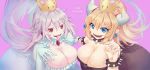  :p armlet bangs black_dress blonde_hair blue_eyes bowsette bracelet breasts choker cleavage collar commentary_request crown dress earrings eyebrows eyebrows_visible_through_hair gloves hidari_yuuko holding_hands horns jewelry large_breasts looking_at_viewer luigi's_mansion mario_(series) multiple_girls new_super_mario_bros._u_deluxe open_mouth pink_background pointy_ears ponytail princess_king_boo red_eyes sharp_teeth short_hair silver_hair simple_background slit_pupils smile spiked_armlet spiked_bracelet spiked_collar spikes super_crown teeth tongue tongue_out white_choker white_dress white_gloves 