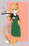  anthro apron aronhilistix beverage clothed clothing feline fur hair male mammal simple_background smile solo standing waiter wide_hips 