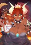  2018 alternate_species bowser bowser_jr. bowsette_meme breasts cleavage clothed clothing collar colored_nails dark_skin digital_media_(artwork) dress duo ear_piercing female hair hi_res horn humanoid humanoidized larkdraws long_hair looking_at_viewer mario_bros nintendo open_mouth orange_eyes patreon piercing pointy_ears red_hair smile spiked_collar spikes super_crown video_games 