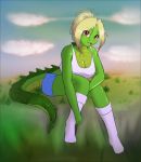  anthro avencri big_breasts blonde_hair breasts brown_eyes cela cleavage clothed clothing crocodile crocodilian female fully_clothed green_scales hair hi_res legwear midriff non-mammal_breasts open_mouth reptile scales scalie shorts smile solo thigh_highs 