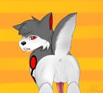  alma_(almax3) anus backsack balls black_fur butt canine cum cum_in_ass cum_inside cum_on_face dog fur hotaru husky looking_at_viewer looking_back male mammal presenting presenting_hindquarters red_fur simple_background white_balls white_fur yellow_background 