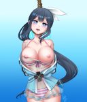  1girl areolae bdsm black_hair blue_eyes blush bondage bound breasts breasts_outside cleavage execution hair_ribbon hanging large_breasts long_hair looking_at_viewer nipples noose open_mouth peril ponytail ribbon see-through solo swimsuit tears tongue tongue_out very_long_hair 