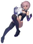  :o absurdres black_footwear black_leotard boots creature elbow_gloves fate/grand_order fate_(series) fou_(fate/grand_order) full_body gloves highres lavender_hair leotard looking_at_another mash_kyrielight navel_cutout open_mouth purple_eyes purple_gloves short_hair simple_background sungwon thigh_boots thighhighs white_background wide-eyed 