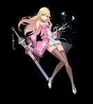  absurdres bai_winchester black_background blonde_hair breasts brown_gloves brown_legwear bug butterfly choker cleavage closers detached_sleeves eyebrows_visible_through_hair floating_hair full_body gloves hair_between_eyes halterneck highres holding holding_sword holding_weapon insect jian_(weapon) long_hair looking_at_viewer midriff navel official_art parted_lips pink_eyes sheath sheathed simple_background small_breasts solo stomach sword thighhighs very_long_hair weapon wide_sleeves 