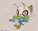  :d blue_eyes bright_pupils celebi commentary_request dated grey_background holding leels no_humans open_mouth pokemon pokemon_(creature) smile solo water_gun white_pupils 
