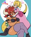  &lt;3 alternate_species animal_humanoid big_tail black_clothing black_nails blonde_hair bowser bowsette_meme clothed clothing colored_nails crossed_legs crown dcon dress duo eyes_closed female fully_clothed hair hi_res horn human humanoid hybrid koopa larger_female legwear lipstick long_tail makeup mammal mario_bros nintendo pink_clothing pink_lipstick princess_peach red_eyes red_hair royalty scalie size_difference smaller_female super_crown video_games 