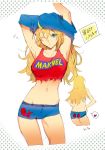  blonde_hair blue_eyes boyshorts closed_mouth crop_top deadpool heart long_hair marvel midriff navel one_eye_closed original panties_day solo spider-man spoken_heart thighs tibino undressing 