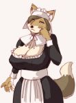  anthro big_breasts bored breasts brown_fur brown_hair canine claws cleavage cleavage_cutout clothed clothing dress female fur hair hair_over_eye maid_uniform mammal melonleaf nipple_bulge simple_background solo uniform white_background 