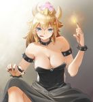  aqua_eyes bangs bare_shoulders black_dress black_nails blue_eyes bowsette bracelet breasts brooch cleavage collar collarbone crown dress eyebrows_visible_through_hair fingernails fire gradient gradient_background gradient_dress gradient_eyes grey_background grey_dress hair_between_eyes highres jewelry knee_up large_breasts licking_lips light long_ponytail looking_at_viewer mario_(series) multicolored multicolored_eyes nail_polish new_super_mario_bros._u_deluxe sharp_fingernails shell shiny shiny_hair shiny_skin sidelocks sitting solo spiked_bracelet spiked_collar spikes strapless strapless_dress super_crown tongue tongue_out wide_ponytail yamakou_(yamakou_e2) 