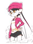  1girl aori_(splatoon) arm_at_side beanie black_hair black_shorts drawingddoom earrings eyebrows_visible_through_hair gradient_hair hand_on_hip hat jacket jewelry long_hair long_sleeves mole mole_under_eye multicolored_hair open_clothes open_jacket pointy_ears purple_hat purple_jacket shorts simple_background smile smoke solo splatoon_(series) star star_hat_ornament symbol-shaped_pupils tentacle_hair very_long_hair white_background yellow_eyes 