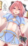  1boy astolfo_(fate) bamboo_steamer blush braid chinese_clothes fate/apocrypha fate/grand_order fate_(series) hair_ornament hair_ribbon hard_translated highres long_hair looking_at_viewer maid male_focus navel open_mouth pink_hair purple_eyes ribbon shisei_(kyuushoku_banchou) single_braid smile solo translated trap 